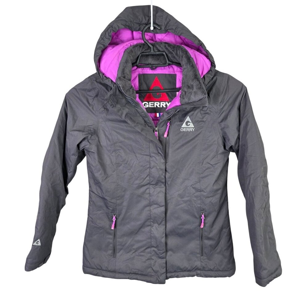Womens Gerry Hooded Winter Jacket Gray & Purple Insulated Polyester Full Zip S